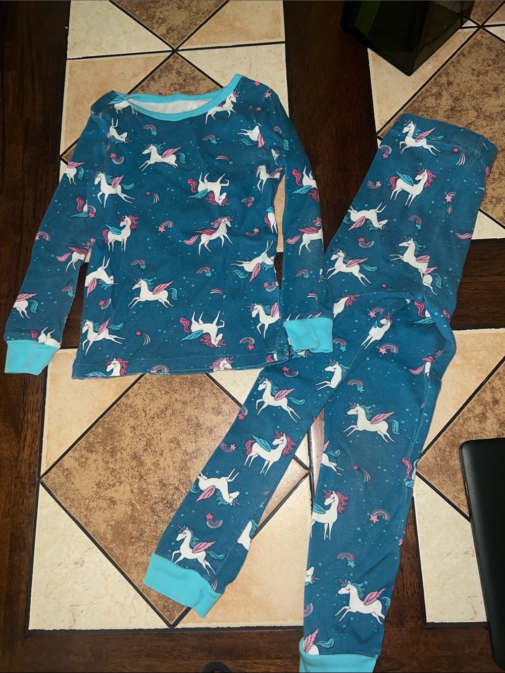 Family Pajamas Teal Unicorn Print Kids Pajama Set with Aqua Cuffs